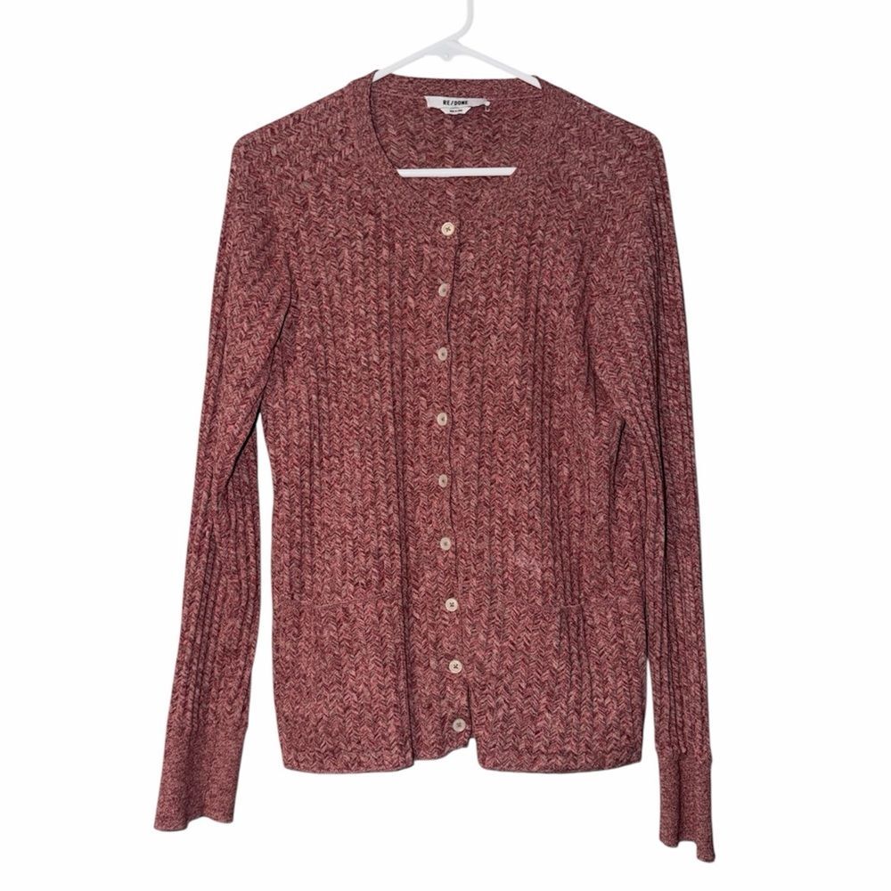 Re/Done Chevron Rib Knit Cardigan In Burgundy Size M